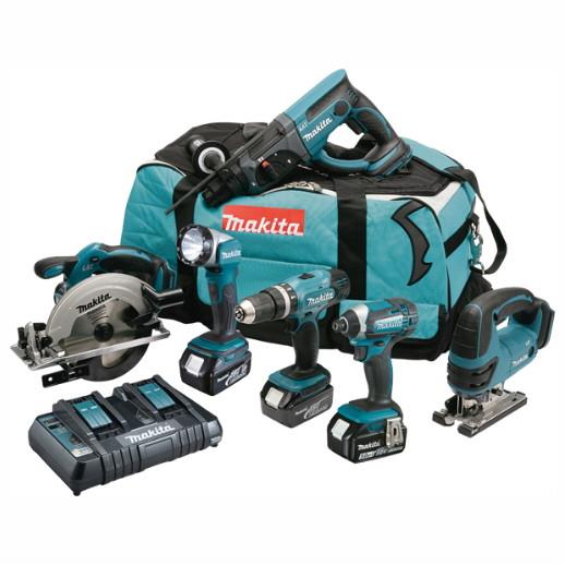 Makita DLX6068PT 6 Piece Kit; 18 Volt; DHP453Z; DTD152Z; DHR202Z; DSS611Z; DJV180Z; DML802; 3 x 5.0 Ah Li-ion Batts; Twin Port Charger; Kit Bag