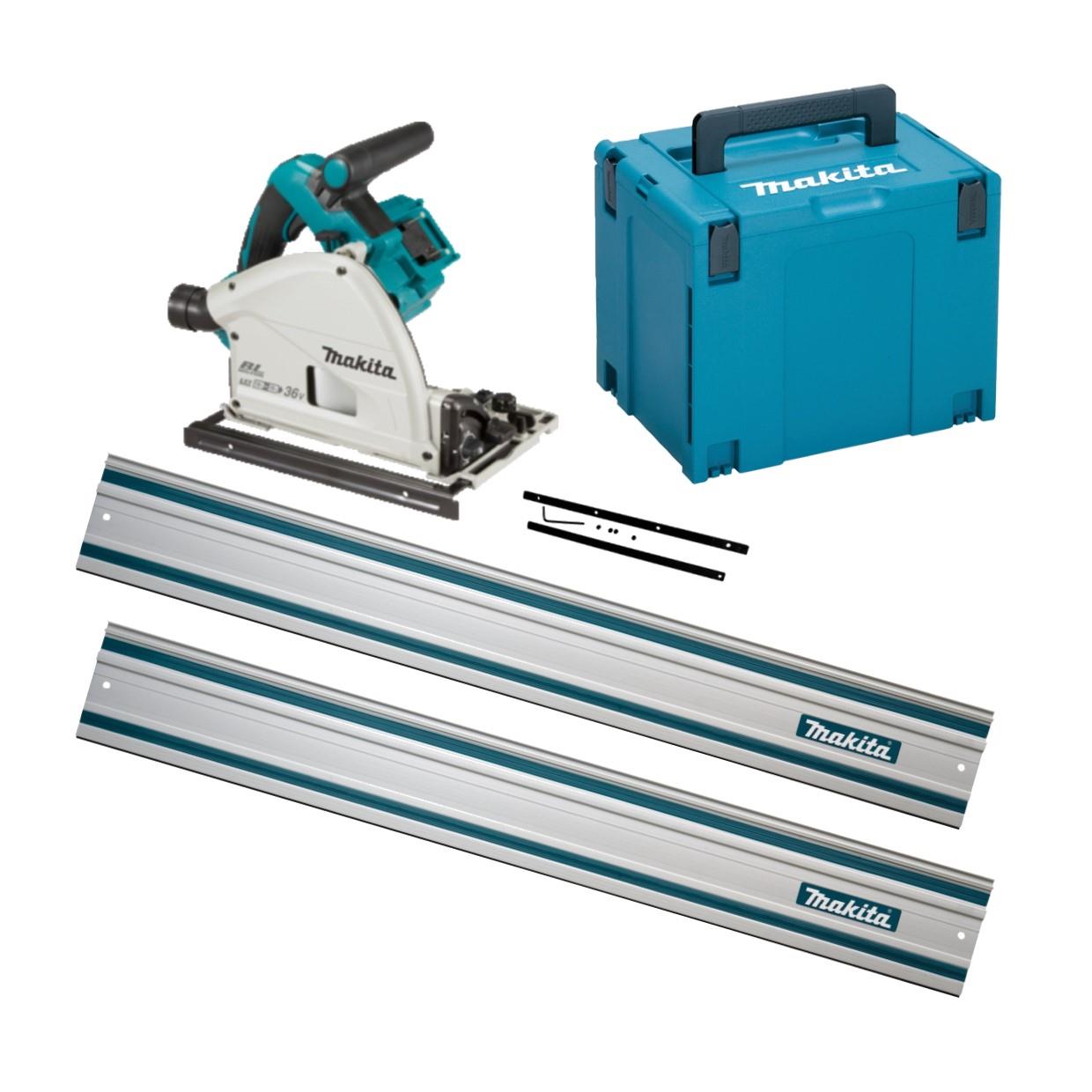 Makita DSP600ZJ Twin 18 Volt Cordless Plunge Saw; Brushless; 2 x 199141-8 1500mm Plunge Saw Guide Rails; 1 x 198885-7 Rail Connector Set