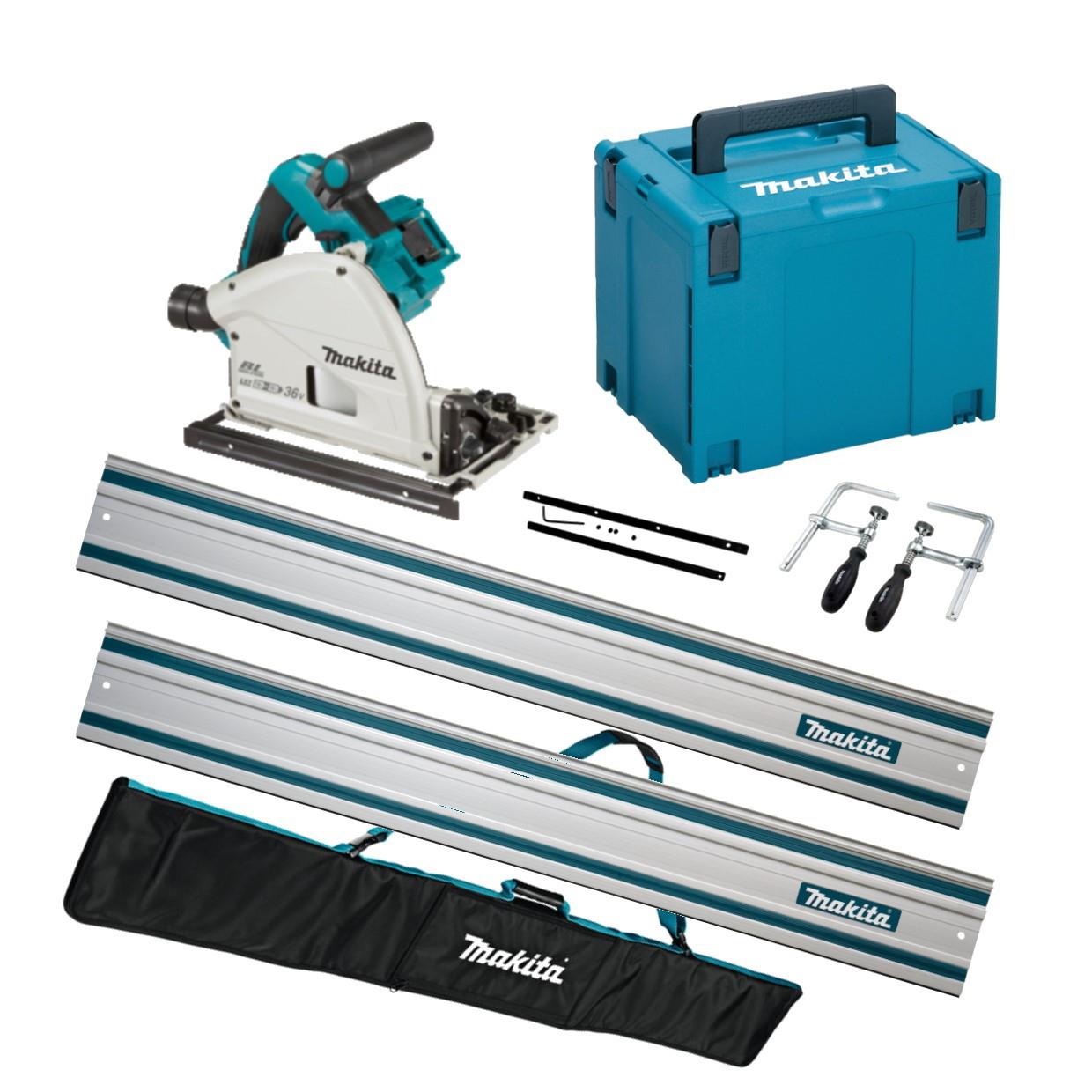 Makita DSP600ZJ Twin 18 Volt Cordless Plunge Saw; Brushless; 2 x 199141-8 1500mm Plunge Saw Guide Rails; 1 x 198885-7 Rail Connector Set; 194385-5 Guide Rail Clamp Set; Rail Bag