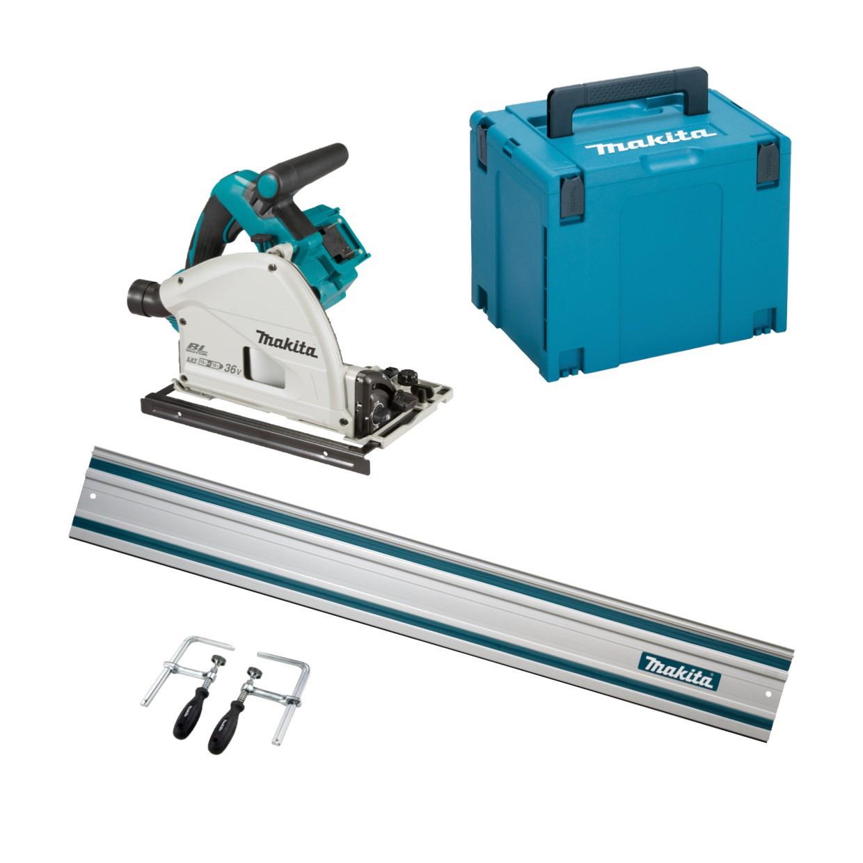 Makita DSP600ZJ Twin 18 Volt Cordless Plunge Saw; Brushless; 1 x 199141-8 1500mm Plunge Saw Guide Rail; 194385-5 Guide Rail Clamp Set