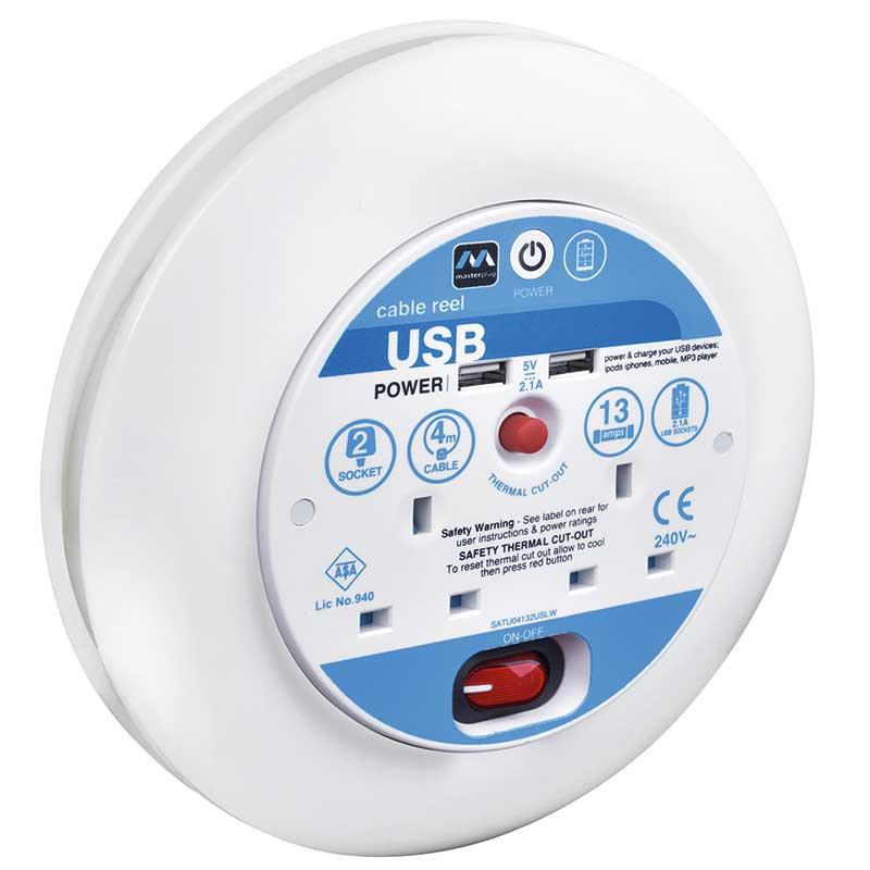 Masterplug SATU04132USLW-MP Double Socket Extension Reel; 13 Amp; White (WH); 4 Metre; 2 USB Sockets