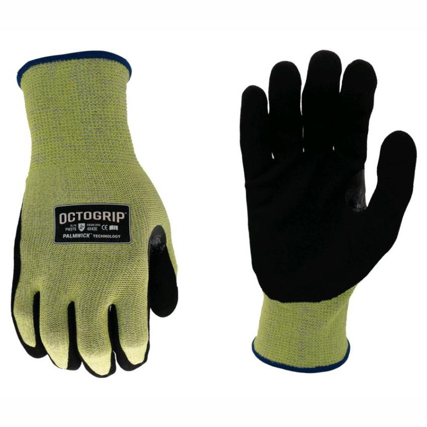 Octogrip PW275 Safety CUT Series Gloves; 13G HPPE Hi-Vis Green Backer; Cut Level 5 Nitrile Palm; Black (BK); Medium (M)