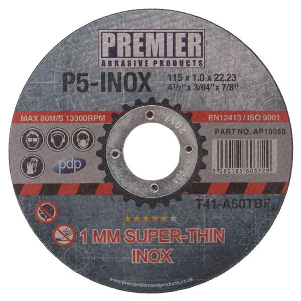 Premier P5 Inox Cutting Discs; Stainless Steel & Steel; 115mm x 1mm x 22.2mm Bore; Tin (10)