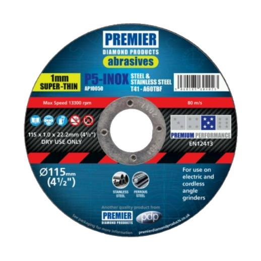 Premier P5 Inox Cutting Discs; Stainless Steel & Steel; 115mm x 1mm x 22.2mm Bore; Tin (10)