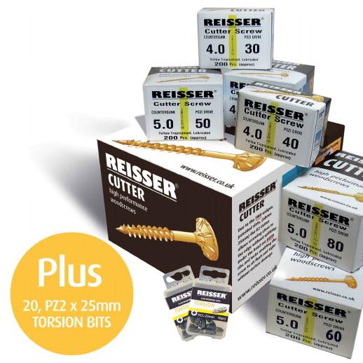 Reisser R2 Cutter Screw Trade Pack; 1600 Assorted; Countersunk Pozi; Single Thread; Zinc And Yellow Passivated (ZYP)