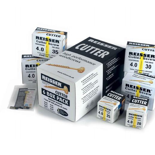 Reisser R2 Cutter 6 Box Trial Pack; Countersunk Pozi Single Thread; Zinc & Yellow Passivated (ZYP); Contains 4.0mm Screws; 20 25 30 35 40 & 50mm; Plus PZ2 Driver Bits