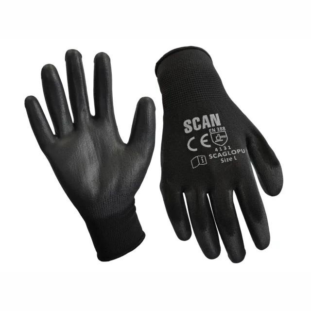 Scan GLOPU12 Black PU Coated Gloves; EN388 EN420; Large (L) (Size 9); Pack (12 Pair)