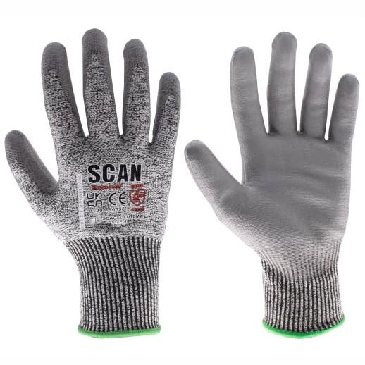 Scan SCAGLOCUTDM Grey PU Coated PU Palm Cut D Liner Gloves; Conforms To EN388; Size 8 Medium (M)