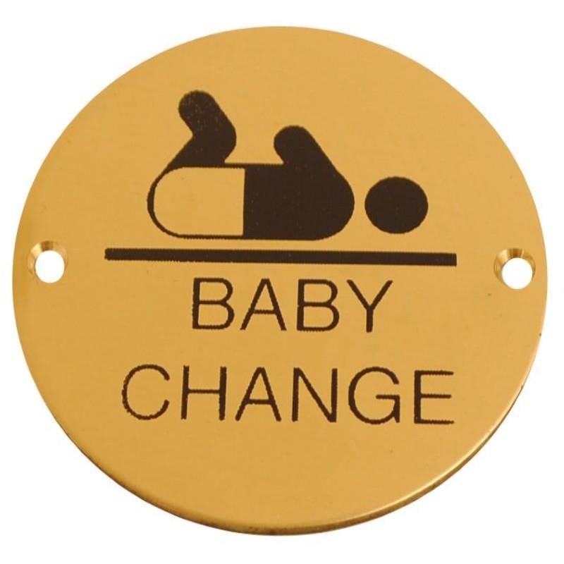 Sign Symbol Plate Printed "Baby Change"; Polished Brass (PB); 76mm Diameter