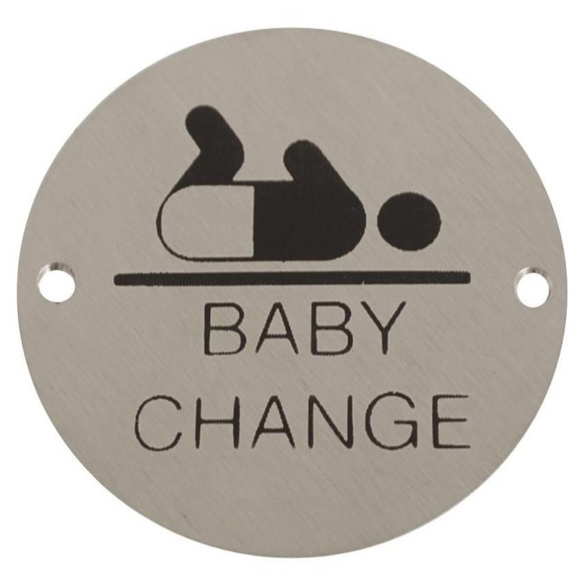 Sign Symbol Plate Printed "Baby Change"; Polished Stainless Steel (PSS); 76mm Diameter