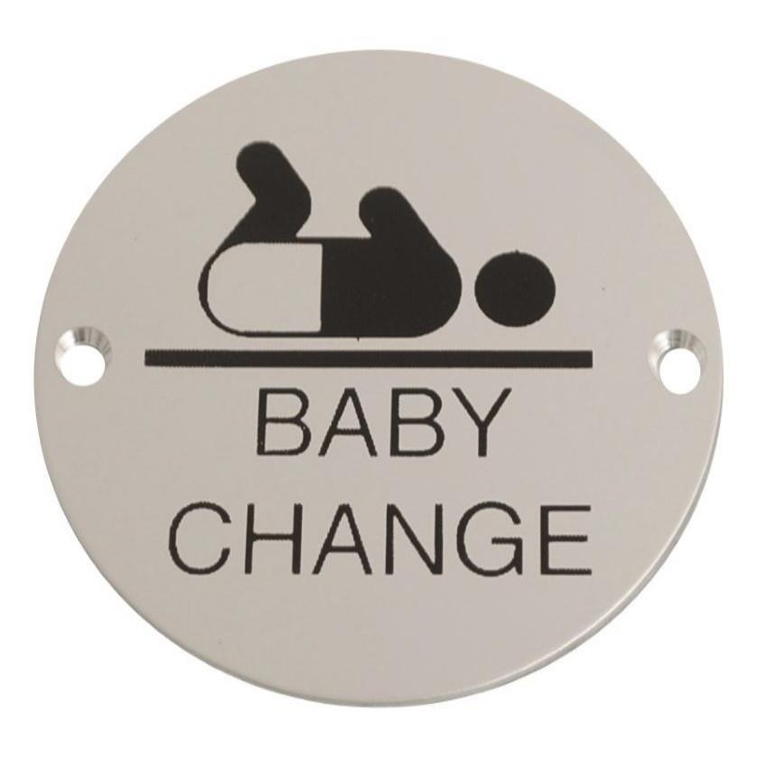 Sign Symbol Plate Printed "Baby Change"; Satin Anodised Aluminium (SAA); 76mm Diameter
