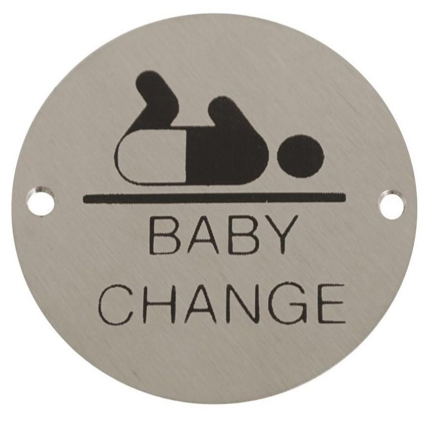 Sign Symbol Plate Printed "Baby Change"; Satin Stainless Steel (SSS); 76mm Diameter