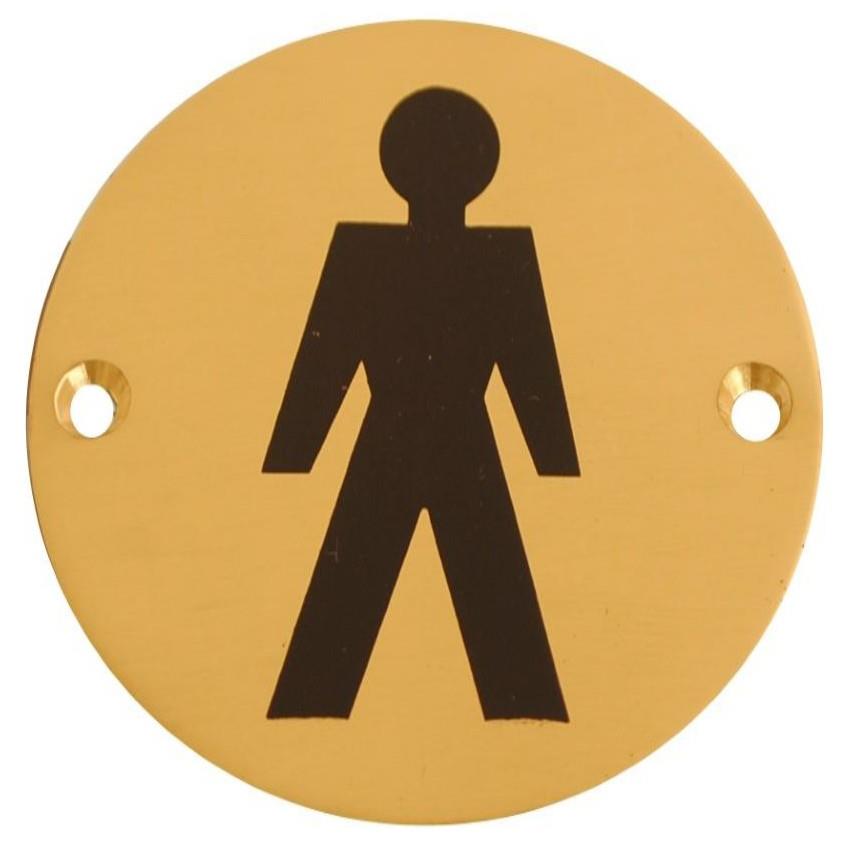 Sign Symbol Plate Printed "Male"; Polished Brass (PB); 76mm Diameter