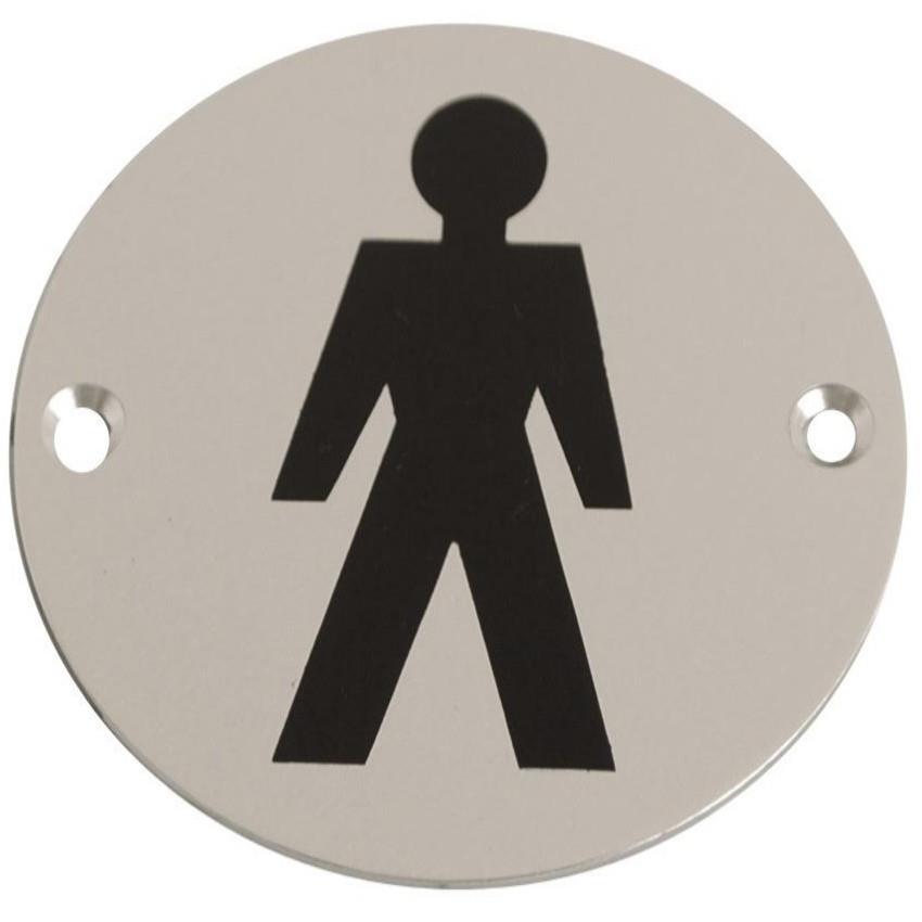 Sign Symbol Plate Printed "Male"; Satin Anodised Aluminium (SAA); 76mm Diameter