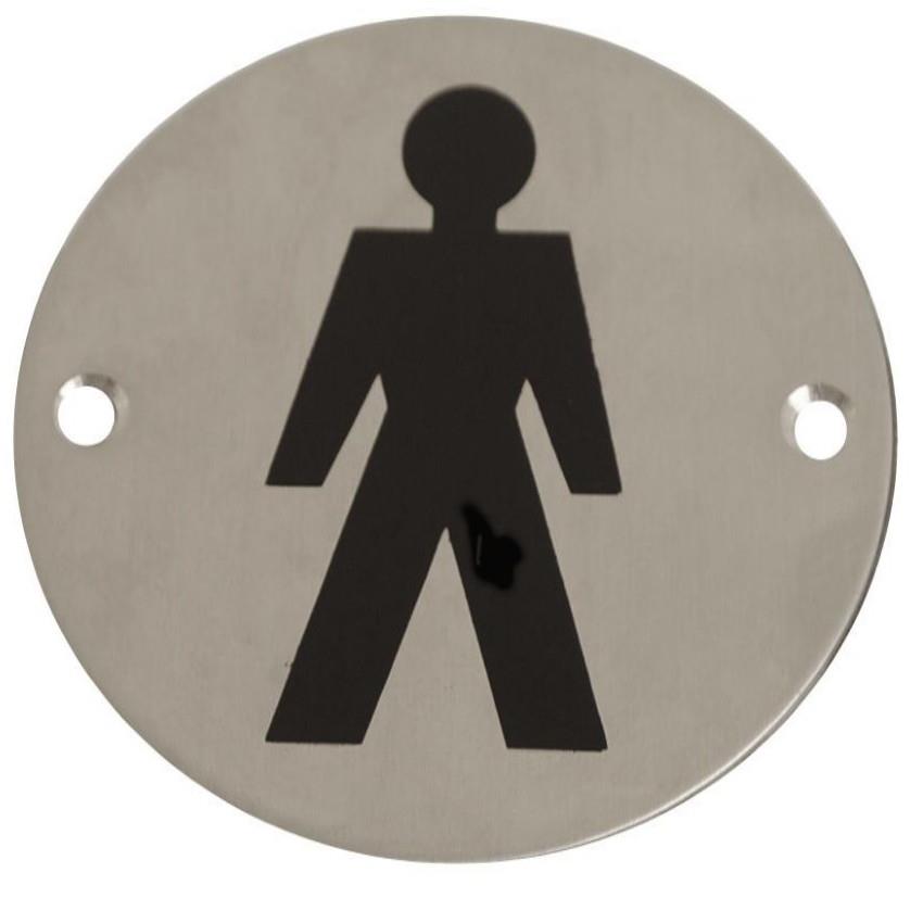 Sign Symbol Plate Printed "Male"; Satin Stainless Steel (SSS); 76mm Diameter