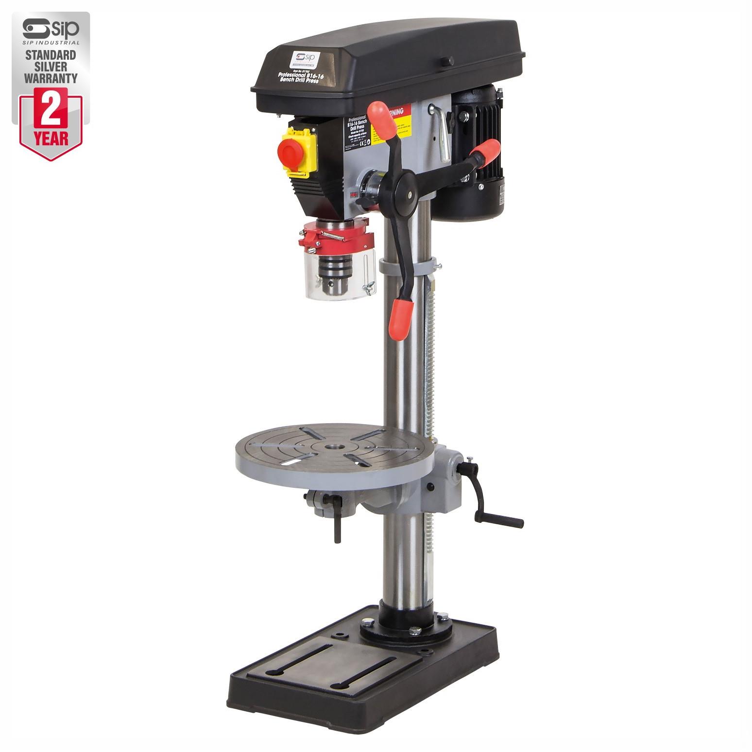 SIP 01702 B16-16 Bench Pillar Drill; 230 Volt; 80mm Max Spindle Stroke; 980mm Height; 325mm Swing; 16mm Drilling Capacity; 16 Drill Speeds; 3-16mm Chuck Capacity