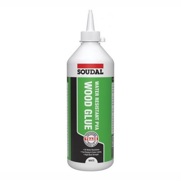 Soudal 117245 Water Resistant D3 Wood Adhesive; Solvent Free PVA; White (WH); 1 Litre
