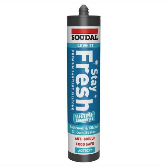 Soudal 152987 Stay Fresh Premium Sanitary Silicone; LM Acetoxy; XS1 Fungicide; Food Safe; Ice White (IWH); 290ml