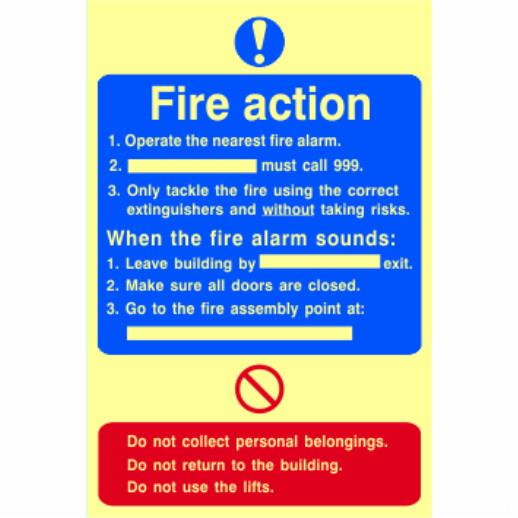 Spectrum Photoluminescent Sign 0200 "Fire Action"; Full Sign; 1.3mm Rigid (PHO); Self Adhesive; 200 x 300mm