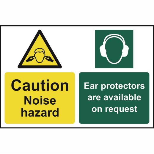 Spectrum Sign 1208 'Caution Noise hazard Ear protectors are available on request'; Self Adhesive Semi Rigid PVC; 300mm x 200mm