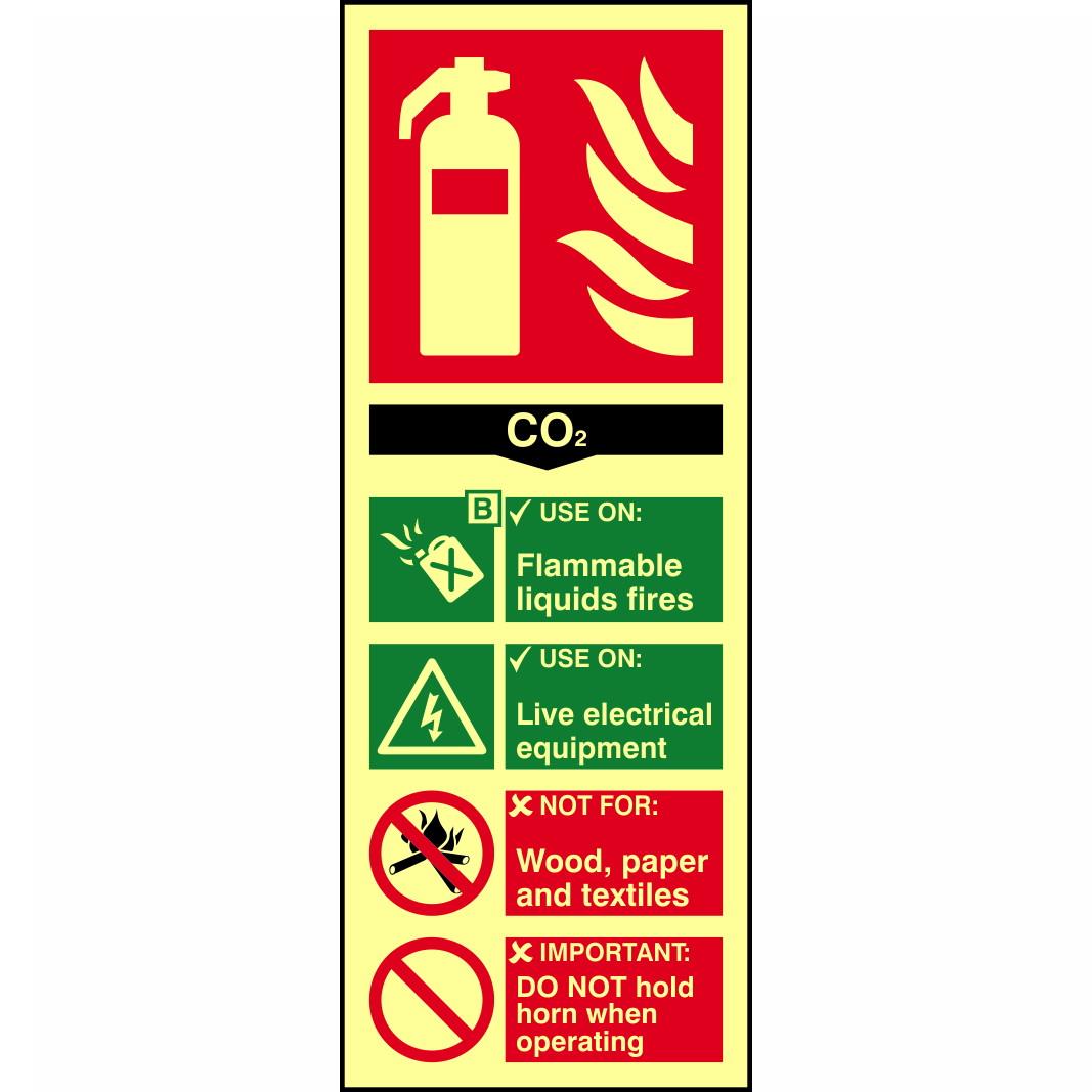 Spectrum Photoluminescent Sign 12447 Fire Extinguisher Composite "CO2"; 1.3mm Rigid Self Adhesive Board (PHO); 82 x 202mm