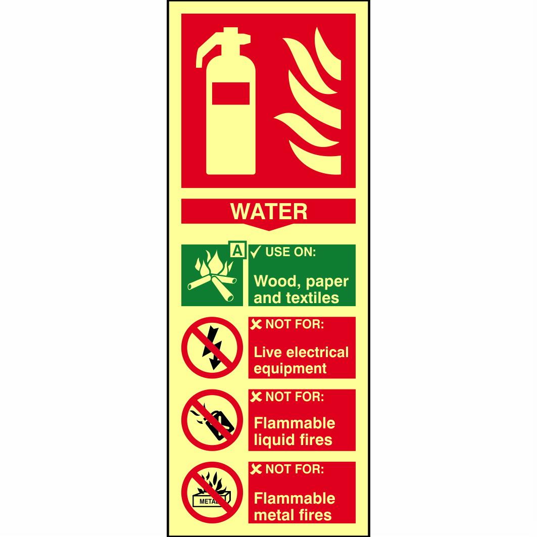 Spectrum Photoluminescent Sign 1590 Fire Extinguisher Composite "Water"; 1.3mm Rigid Self Adhesive Board (PHO); 75 x 200mm