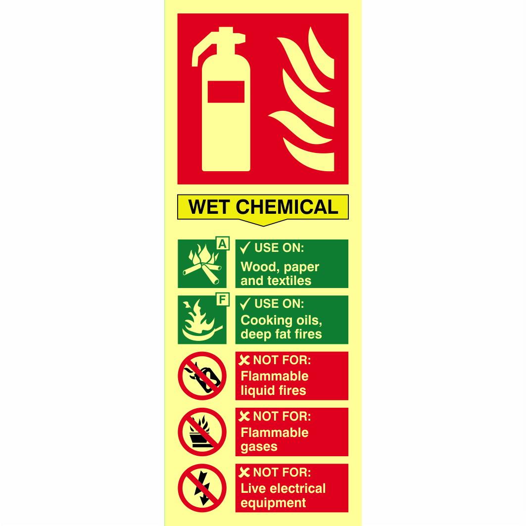 Spectrum Photoluminescent Sign 1595 Fire Extinguisher Composite "Wet Chemical"; For Use On Class F Type Fires; 1.3mm Rigid Self Adhesive Board (PHO); 75 x 200mm