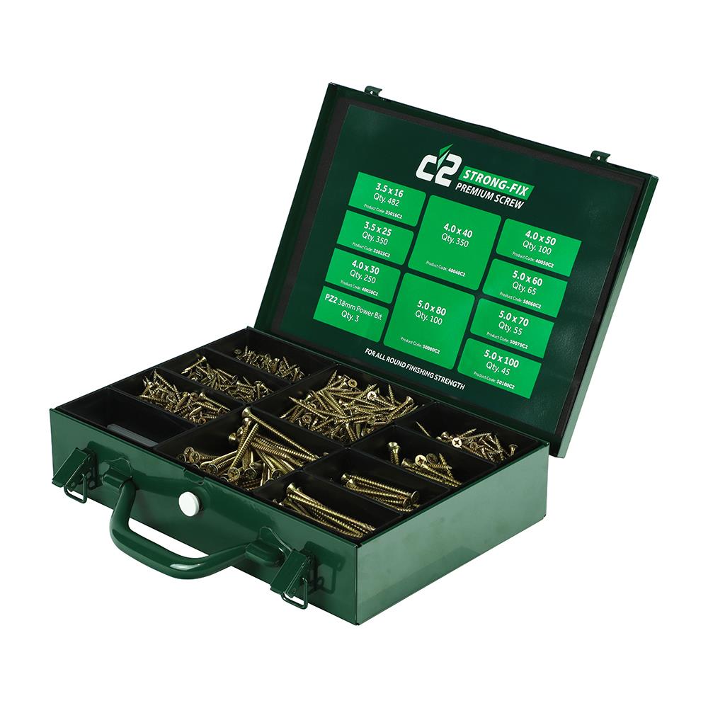 1800 Assorted Timco C2 Classic Multi-Purpose Pozi Wood Screws; Countersunk; Single Thread; Zinq And Yellow Passivated (ZYP); Includes 5 Impact Driver Bits