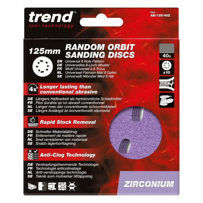 Trend AB/125/40Z Abrasive Random Orbital Sanding Discs; 125mm Diameter; Zirconium; 40 Grit; Pack (10)