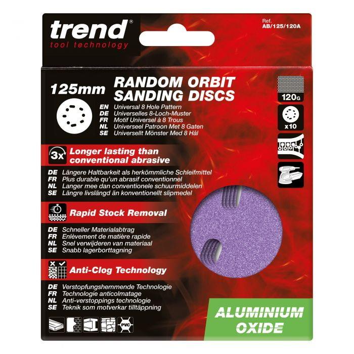 Trend AB/125/120A Abrasive Random Orbital Sanding Discs; 125mm Diameter; Aluminium Oxide; 120 Grit; Pack (10)
