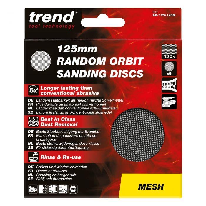 Trend AB/125/120M Abrasive Mesh Random Orbital Sanding Discs; 125mm Diameter; Silicone Carbide; 120 Grit; Pack (5)