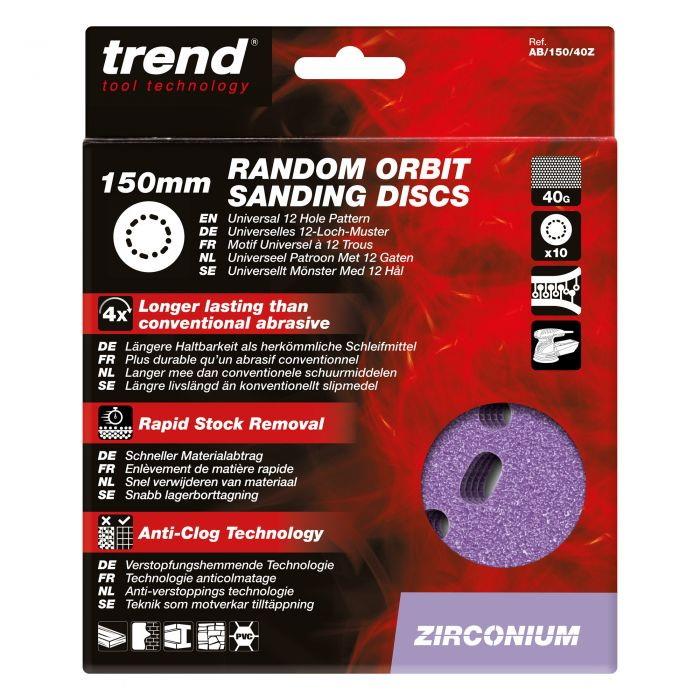 Trend AB/150/40Z Abrasive Random Orbital Sanding Discs; 150mm Diameter; Zirconium; 40 Grit; Pack (10)