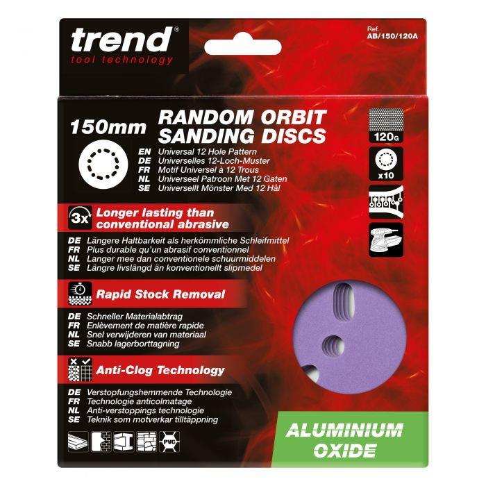 Trend AB/150/120A Abrasive Random Orbital Sanding Discs; 150mm Diameter; Aluminium Oxide; 120 Grit; Pack (10)