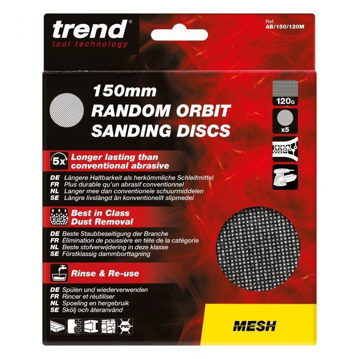 Trend AB/150/120M Abrasive Mesh Random Orbital Sanding Discs; 150mm Diameter; Silicone Carbide; 120 Grit; Pack (5)