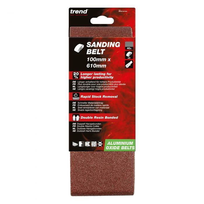 Trend AB/B100/40A Abrasive Sanding Belts; 100 x 610mm; Aluminium Oxide; 40 Grit; Pack (3)