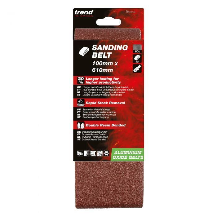 Trend AB/B100/60A Abrasive Sanding Belts; 100 x 610mm; Aluminium Oxide; 60 Grit; Pack (3)