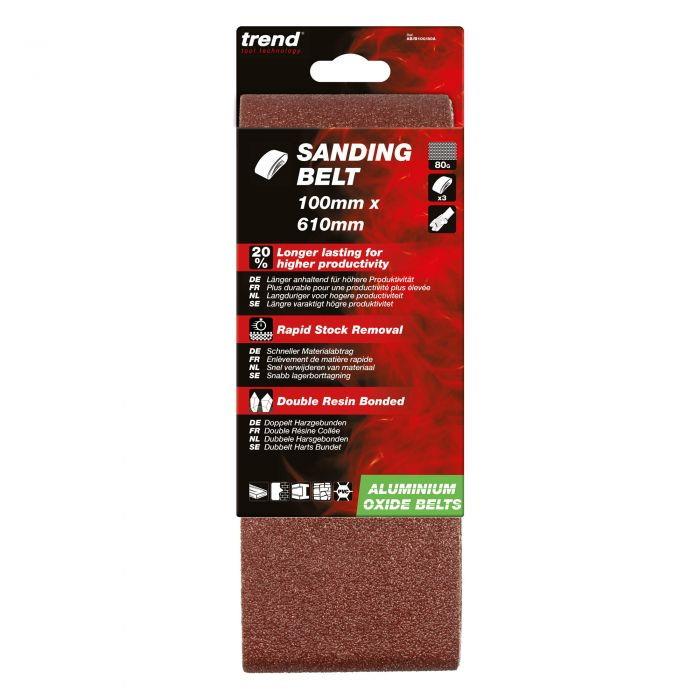 Trend AB/B100/80A Abrasive Sanding Belts; 100 x 610mm; Aluminium Oxide; 80 Grit; Pack (3)