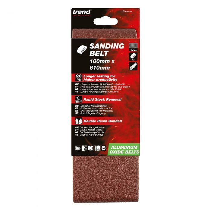 Trend AB/B100/120A Abrasive Sanding Belts; 100 x 610mm; Aluminium Oxide; 120 Grit; Pack (3)