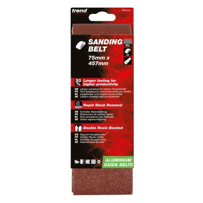 Trend AB/B75/60A Abrasive Sanding Belts; 75 x 457mm; Aluminium Oxide; 60 Grit; Pack (3)