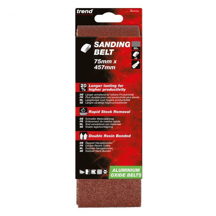 Trend AB/B75/80A Abrasive Sanding Belts; 75 x 457mm; Aluminium Oxide; 80 Grit; Pack (3)