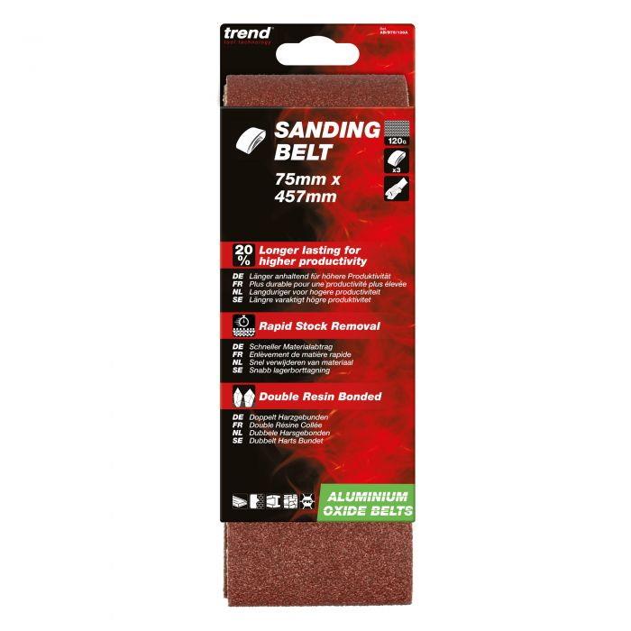 Trend AB/B75/120A Abrasive Sanding Belts; 75 x 457mm; Aluminium Oxide; 120 Grit; Pack (3)
