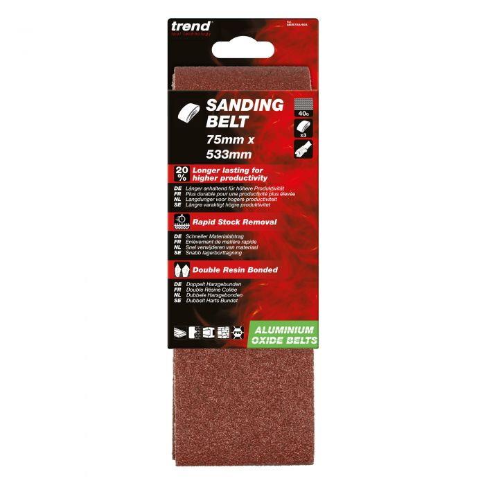 Trend AB/B75A/80A Abrasive Sanding Belts; 75 x 533mm; Aluminium Oxide; 80 Grit; Pack (3)