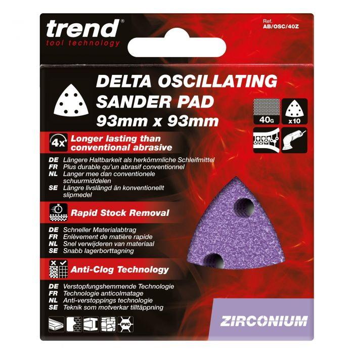 Trend AB/OSC/40Z Abrasive Delta Sanding Sheets; 93 x 93mm; Zirconium; 40 Grit; Pack (10)