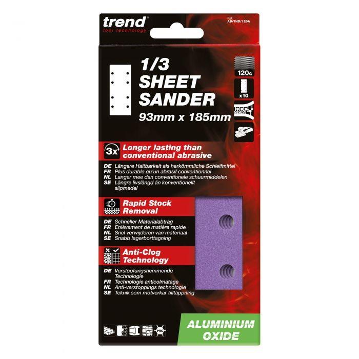 Trend AB/THD/120A Abrasive 1/3 Sheet Sanding Sheets; 93 x 185mm; Aluminium Oxide; 120 Grit; Pack (10)