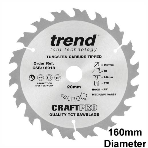 Trend CSB/16018 Craft Circular Saw Blade; 160mm x 18 Teeth x 20mm Bore (16mm Bore Bushing Washer Supplied)