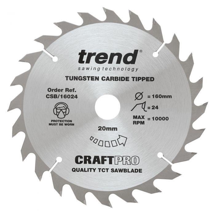 Trend CSB/16024 Craft Circular Saw Blade; 160mm x 24 Teeth x 20mm Bore (16mm Bore Bushing Washer Supplied)