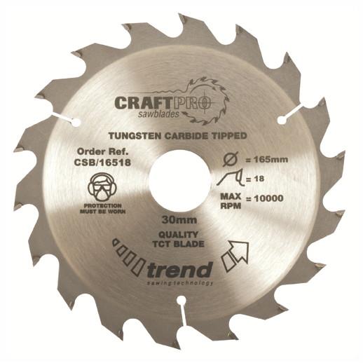 Trend CSB/16518 Craft Circular Saw Blade; 165mm x 18 Teeth x 30mm Bore (16 & 20mm Bore Bushing Washers Supplied)