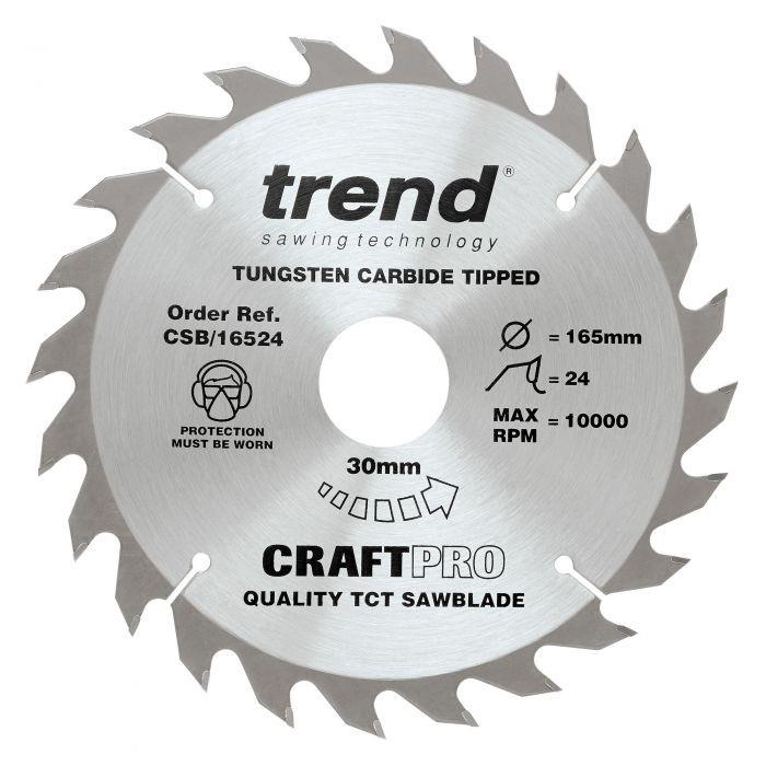 Trend CSB/16524 Craft Circular Saw Blade; 165mm x 24 Teeth x 30mm Bore (16 & 20mm Bore Bushing Washers Supplied); 2.4mm Kerf