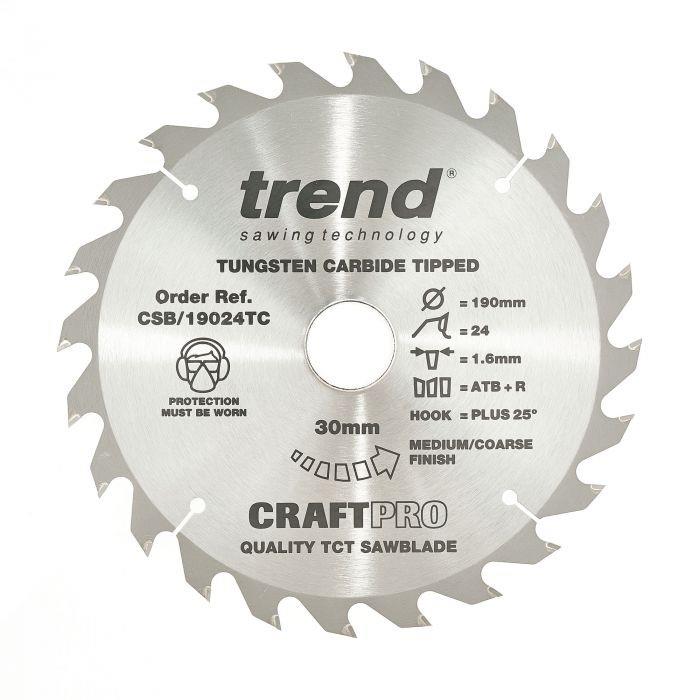 Trend CSB/19024TC Craft Circular Saw Blade; 190mm x 24 Teeth; 30mm Bore; To Suit DCS575
