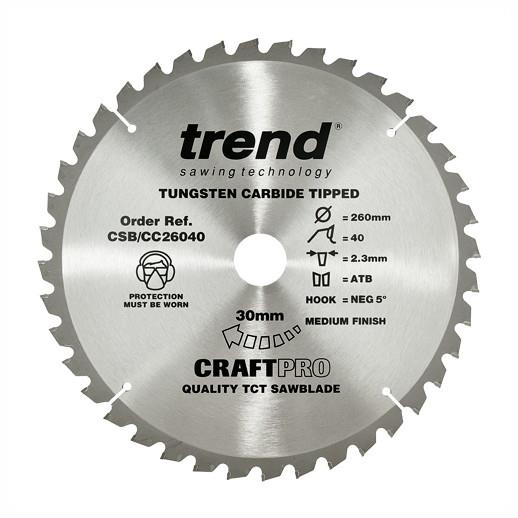 Trend CSB/CC26040 Craft Mitre Saw Crosscut Circular Saw Blade; 260mm x 40 Teeth; 30mm Bore; 2.3mm Kerf